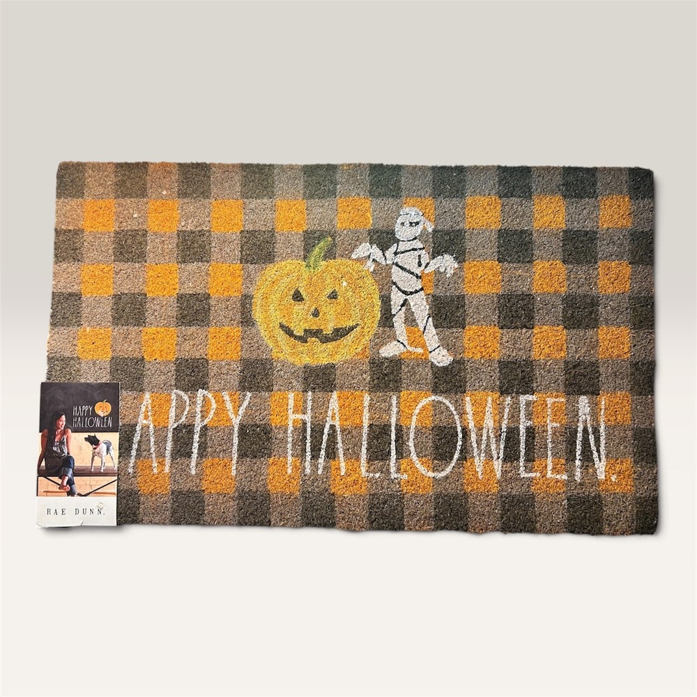 Rae Dunn Happy Halloween Coir Doormat 18x30 Pumpkin Mummy Buffalo Plaid Orange